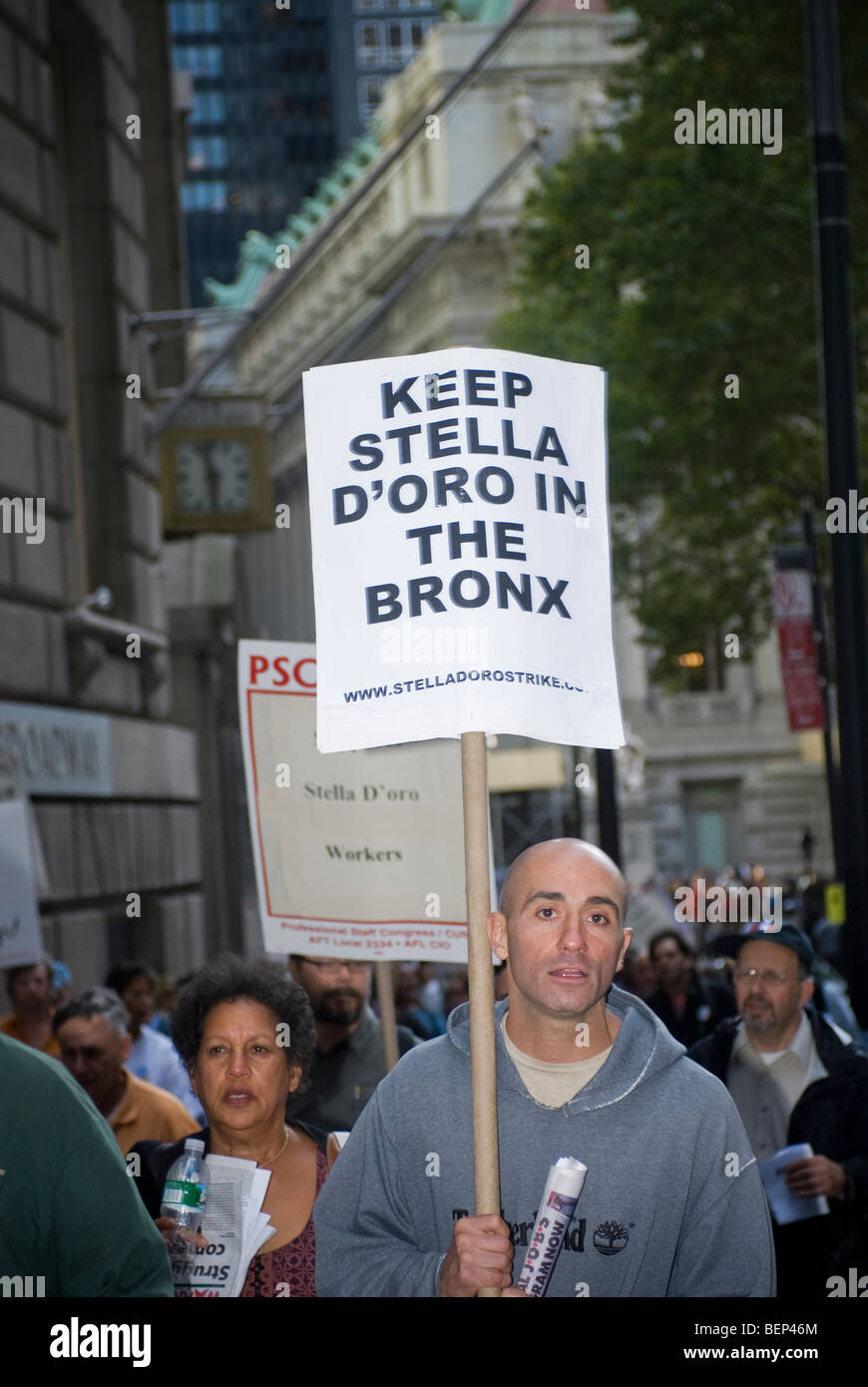 Workers from the Stella D'Oro Biscuit Company and their supporters march in New York Stock Photo
