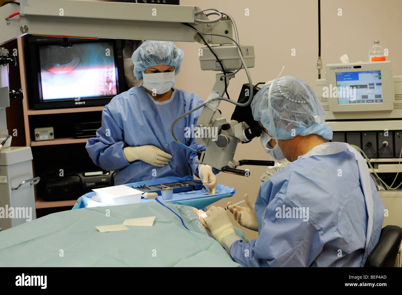 Adult male is prepare and undergoes a crystalens eye implant for cataract removal Stock Photo