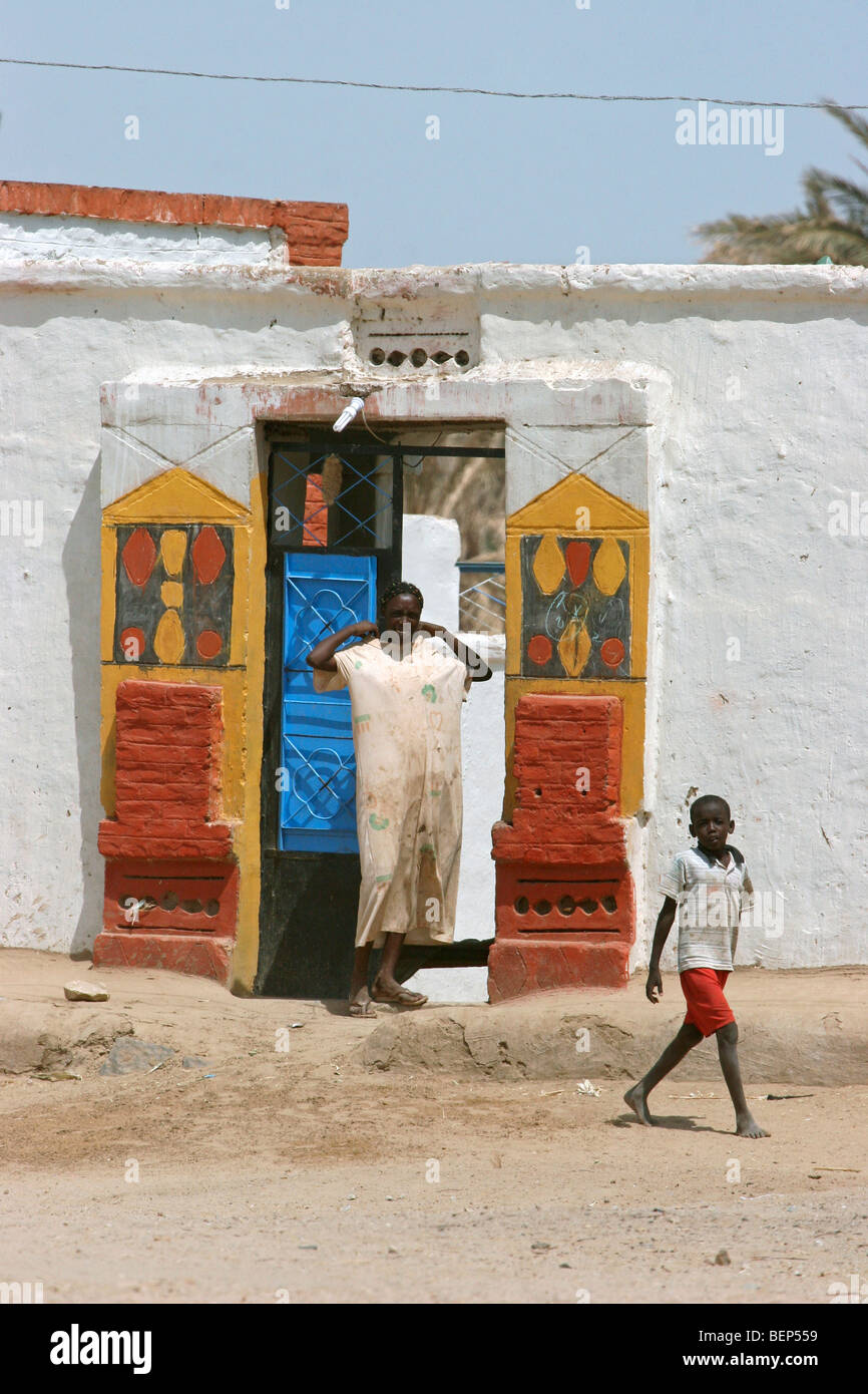 Colourful door of decorated house in a Nubian village along the river Nile, Sudan, North Africa Stock Photo