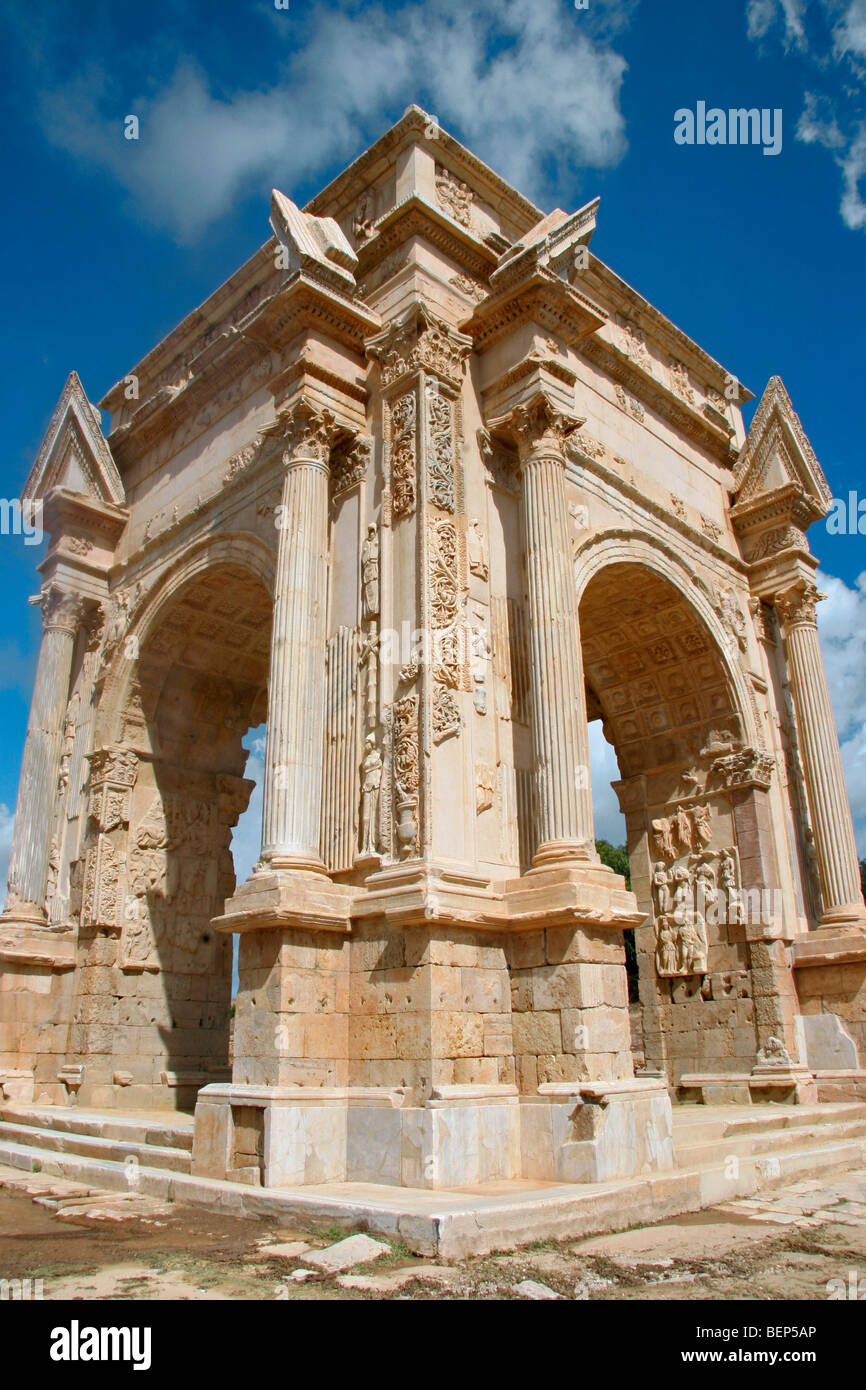 Arch of Septimius Severus at Leptis Magna / Lectis Magna / Lepcis Magna in Khoms / Al Khums near Tripoli, Libya, North Africa Stock Photo