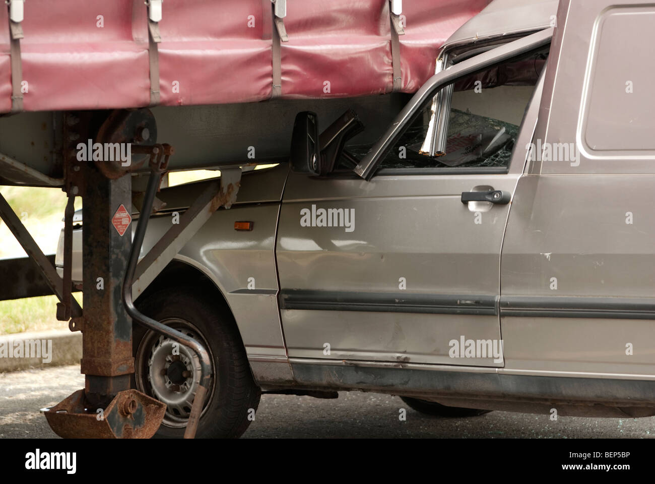 HGV Heavy Goods Vehicle and Car / small van crash Stock Photo