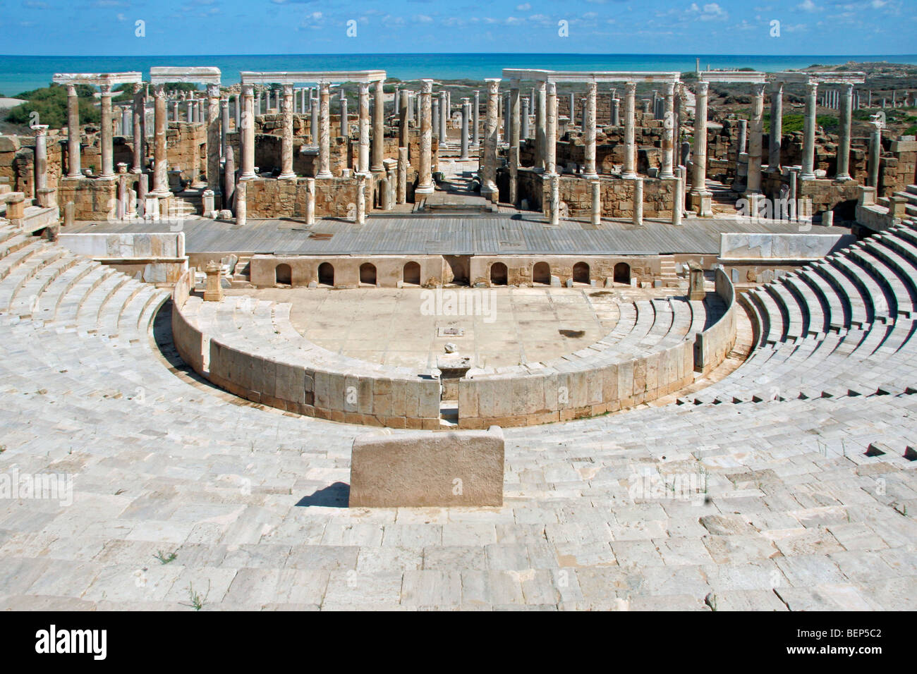 Ruins of Roman theater at Leptis Magna / Lectis Magna / Lepcis Magna in Khoms / Al Khums near Tripoli, Libya, North Africa Stock Photo