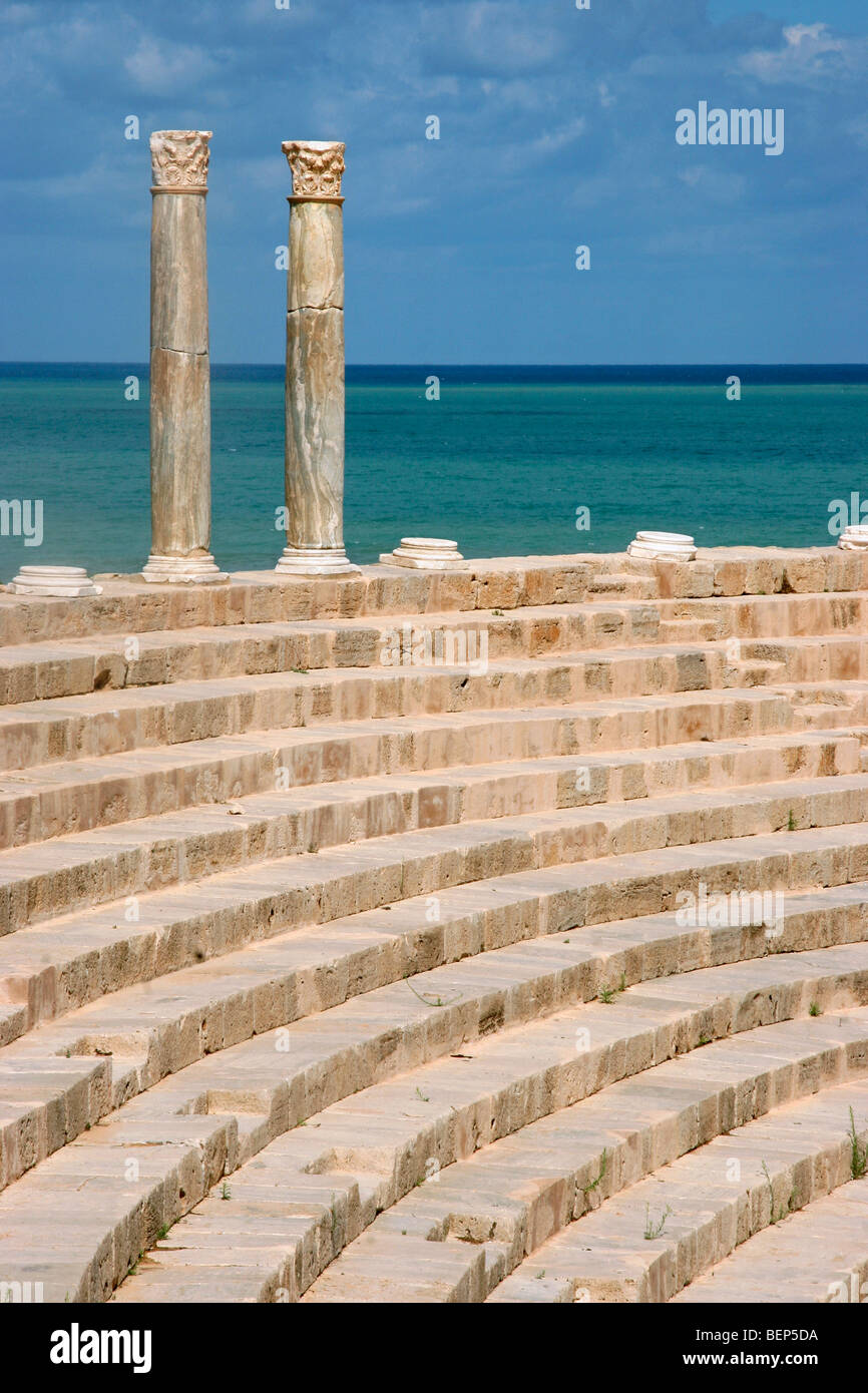Ruins of Roman theater at Leptis Magna / Lectis Magna / Lepcis Magna in Khoms / Al Khums near Tripoli, Libya, North Africa Stock Photo