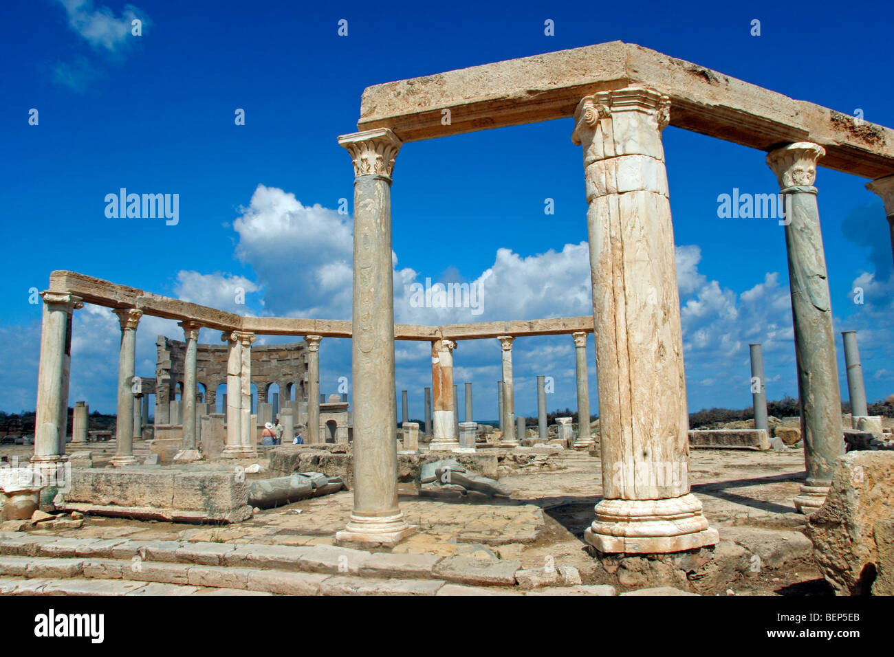 Ruins of Roman market place at Leptis Magna / Lectis Magna / Lepcis Magna in Khoms / Al Khums near Tripoli, Libya, North Africa Stock Photo
