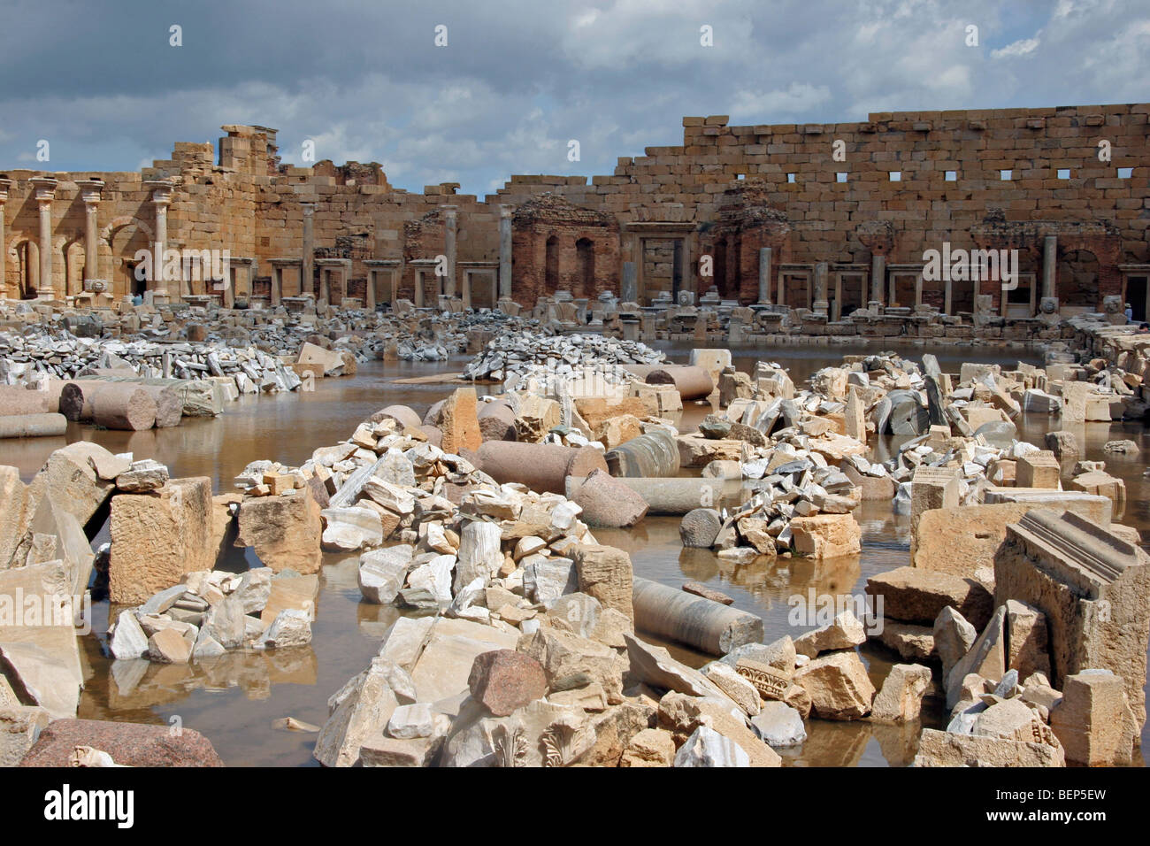 Ancient ruins of Roman forum at Leptis Magna / Lectis Magna / Lepcis Magna in Khoms / Al Khums near Tripoli, Libya, North Africa Stock Photo