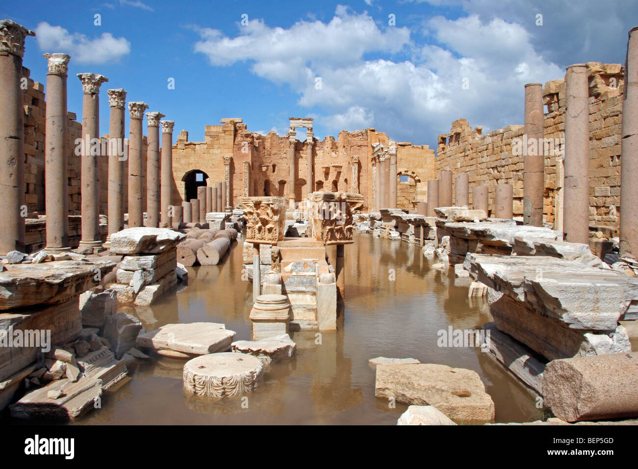Roman ruins of Severan Basilica at Leptis Magna / Lectis Magna / Lepcis Magna, Khoms / Al Khums, Tripoli, Libya, North Africa Stock Photo