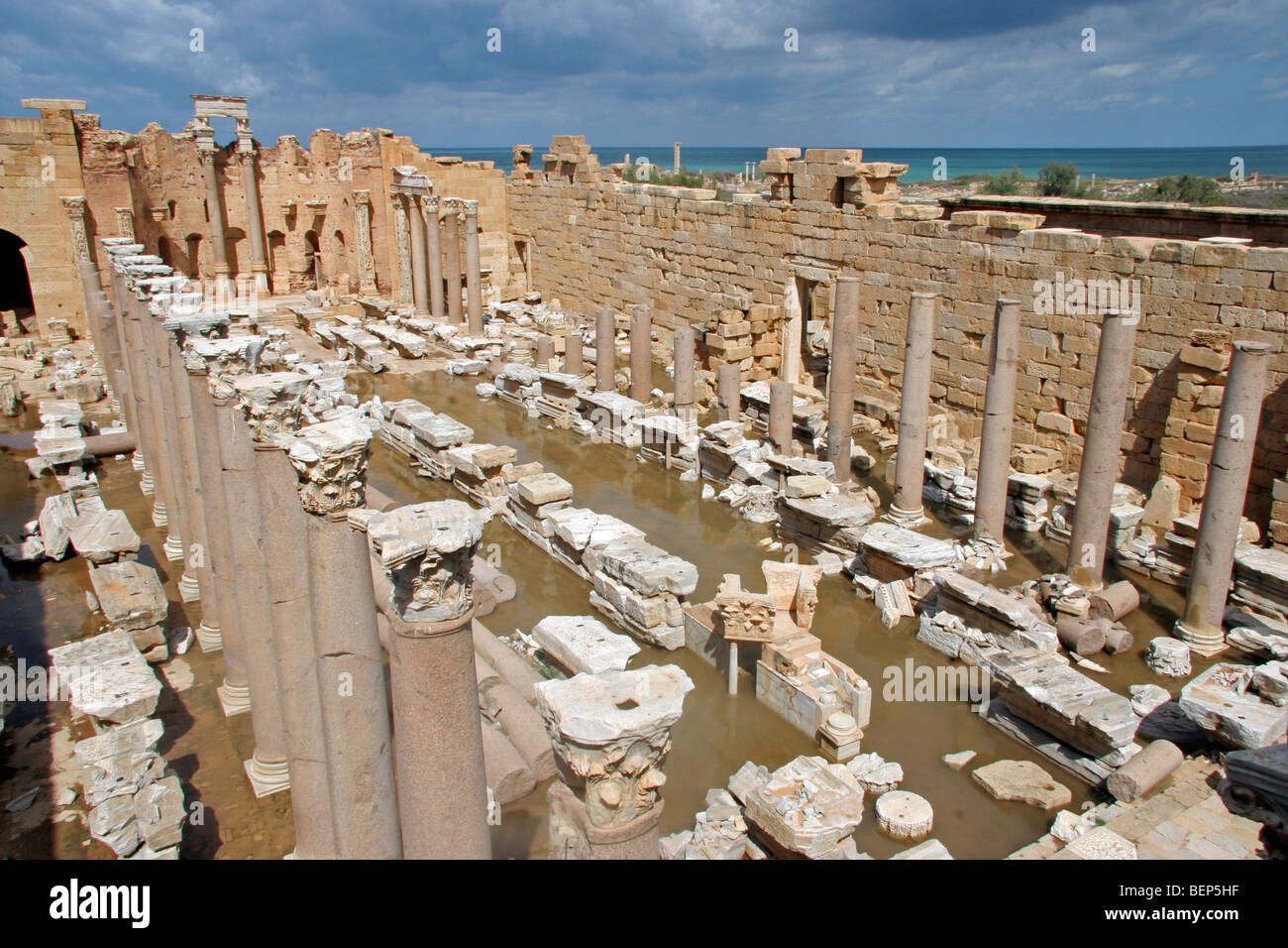 Roman ruins of Severan Basilica at Leptis Magna / Lectis Magna / Lepcis Magna, Khoms / Al Khums, Tripoli, Libya, North Africa Stock Photo