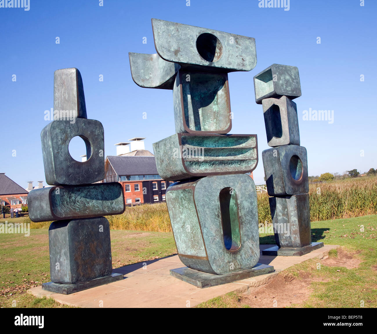 Bronze sculpture 1970, 'The Family of Man', Barbara Hepworth, Snape Maltings, Suffolk, England