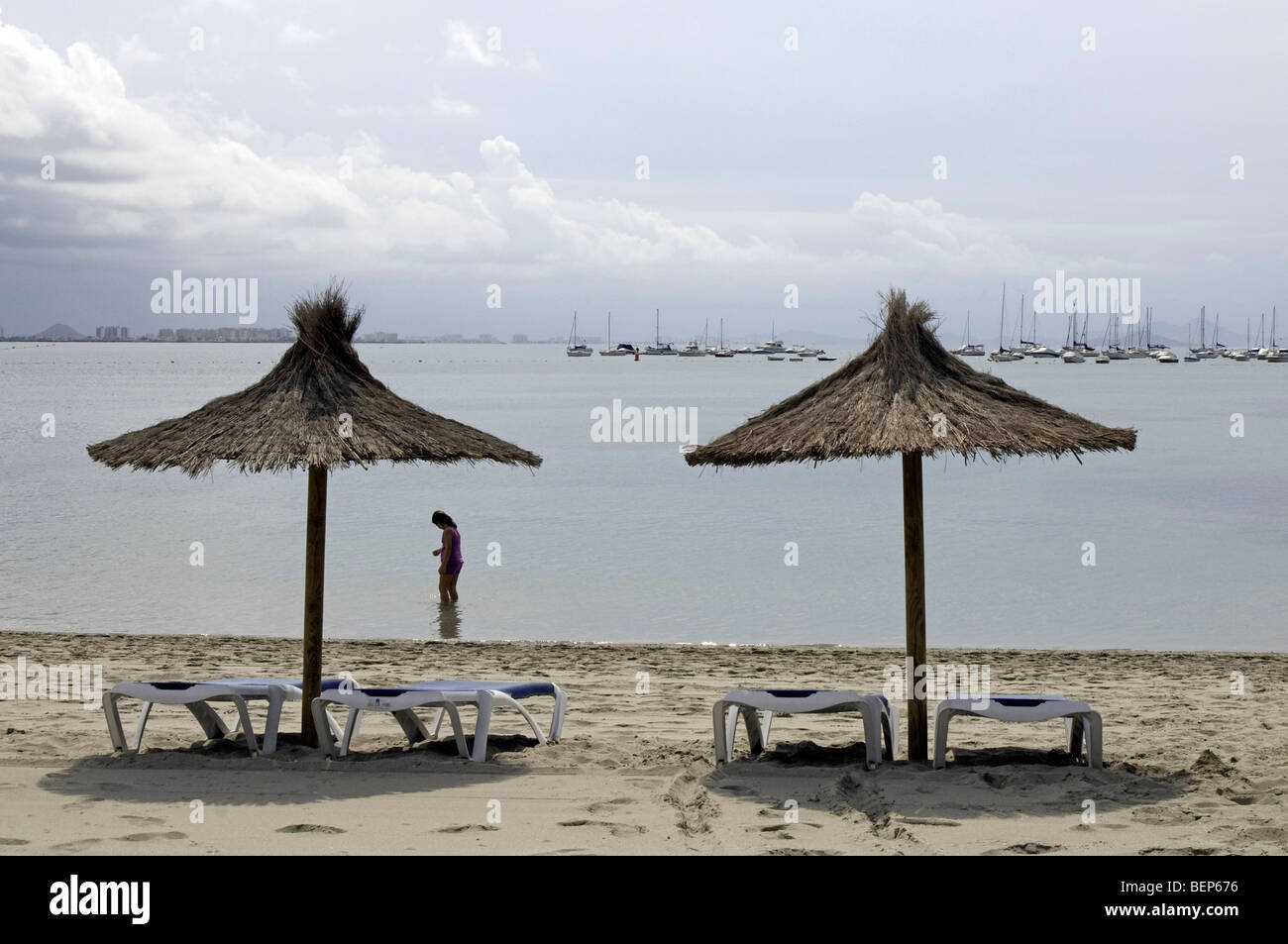 Unusually stormy dull weather at the beach side resort of Lo Pagan, Mar Menor, Murcia, Spain Stock Photo