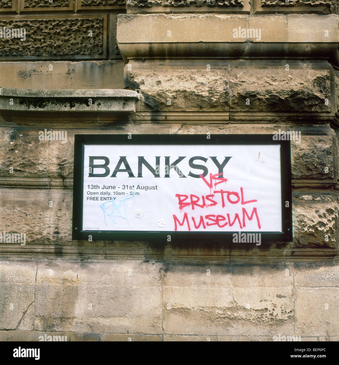 Banksy exhibition sign on the Bristol Museum Bristol, England UK in the summer of 2009  KATHY DEWITT Stock Photo