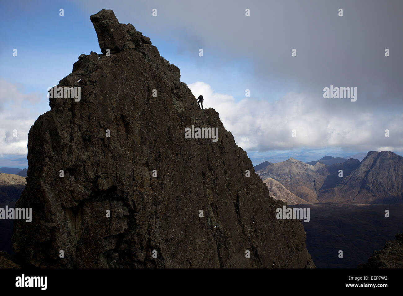 A climber on the Inaccessible Pinnacle, Isle of Skye, Scotland Stock Photo