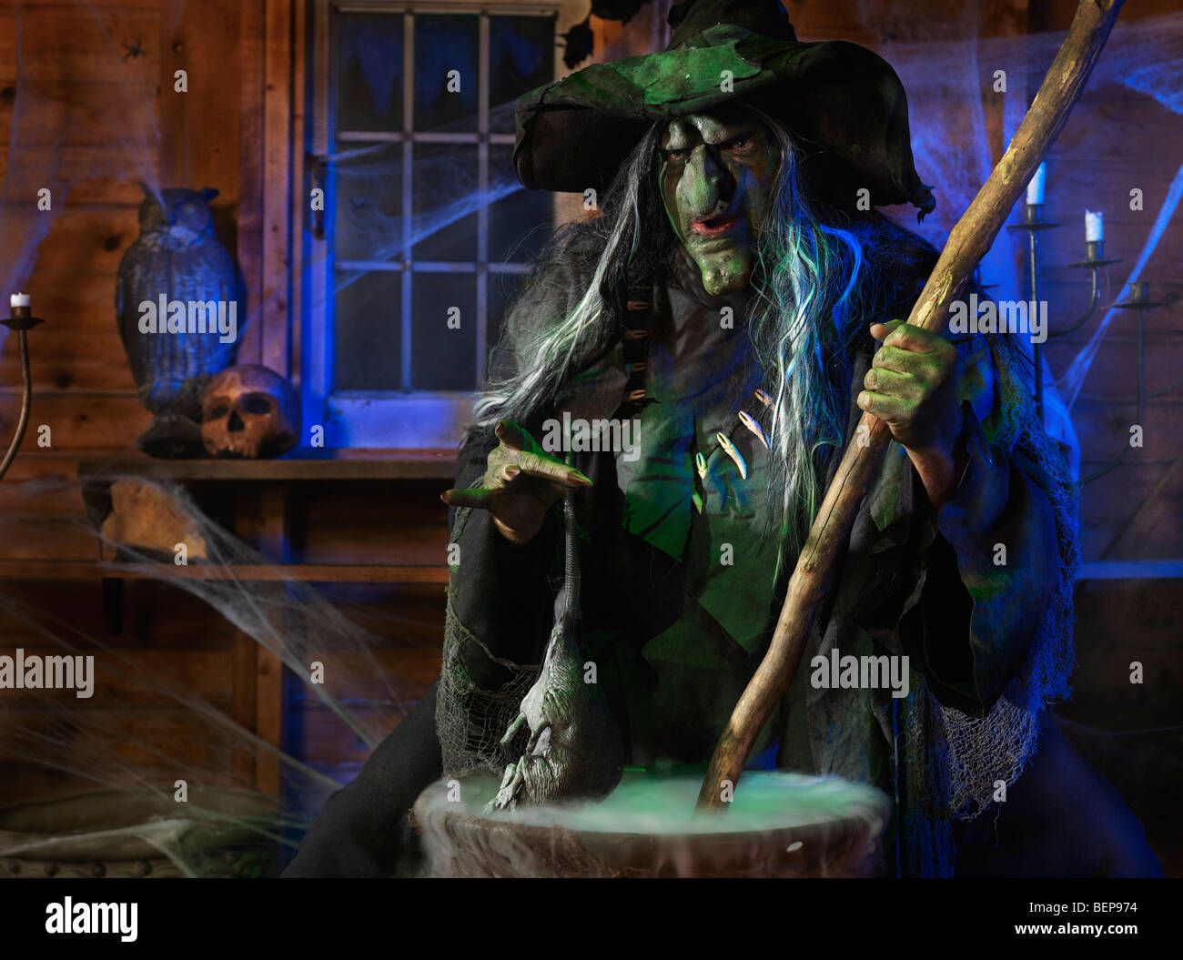 License available at MaximImages.com - Scary old witch adding a rat into a cauldron with her potion inside her cabin on Halloween Stock Photo