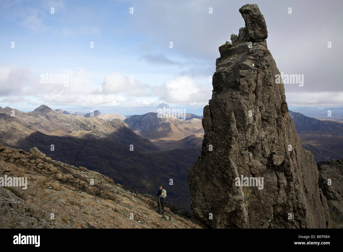 A climber by the Inaccessible Pinnacle, Isle of Skye, Scotland Stock Photo