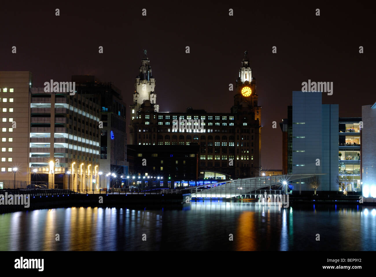 Liverpool UK docklands with reflections at night Stock Photo