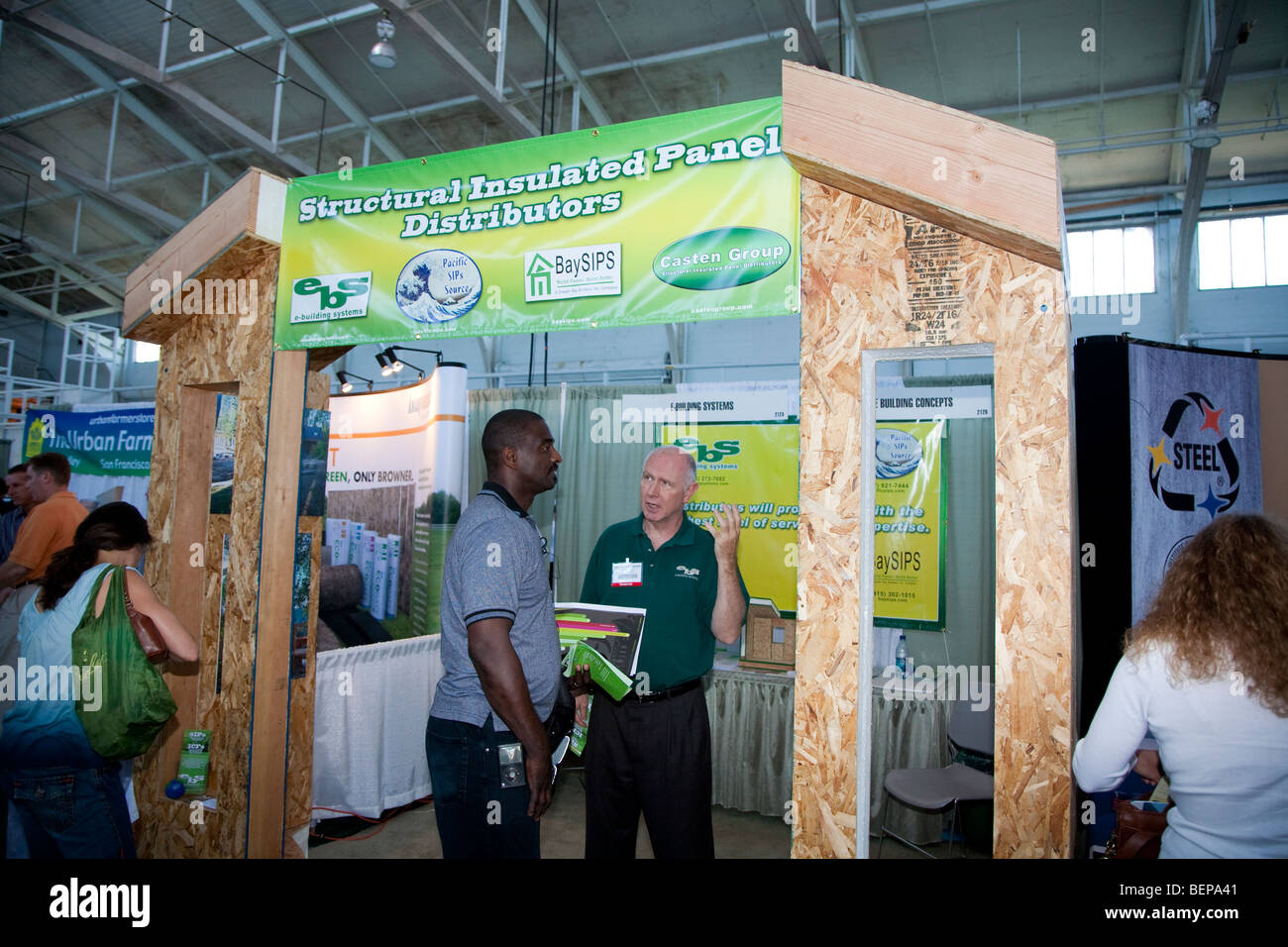 Structural insulated panels exhibit booth promoting building energy efficiency at green building conference. Stock Photo