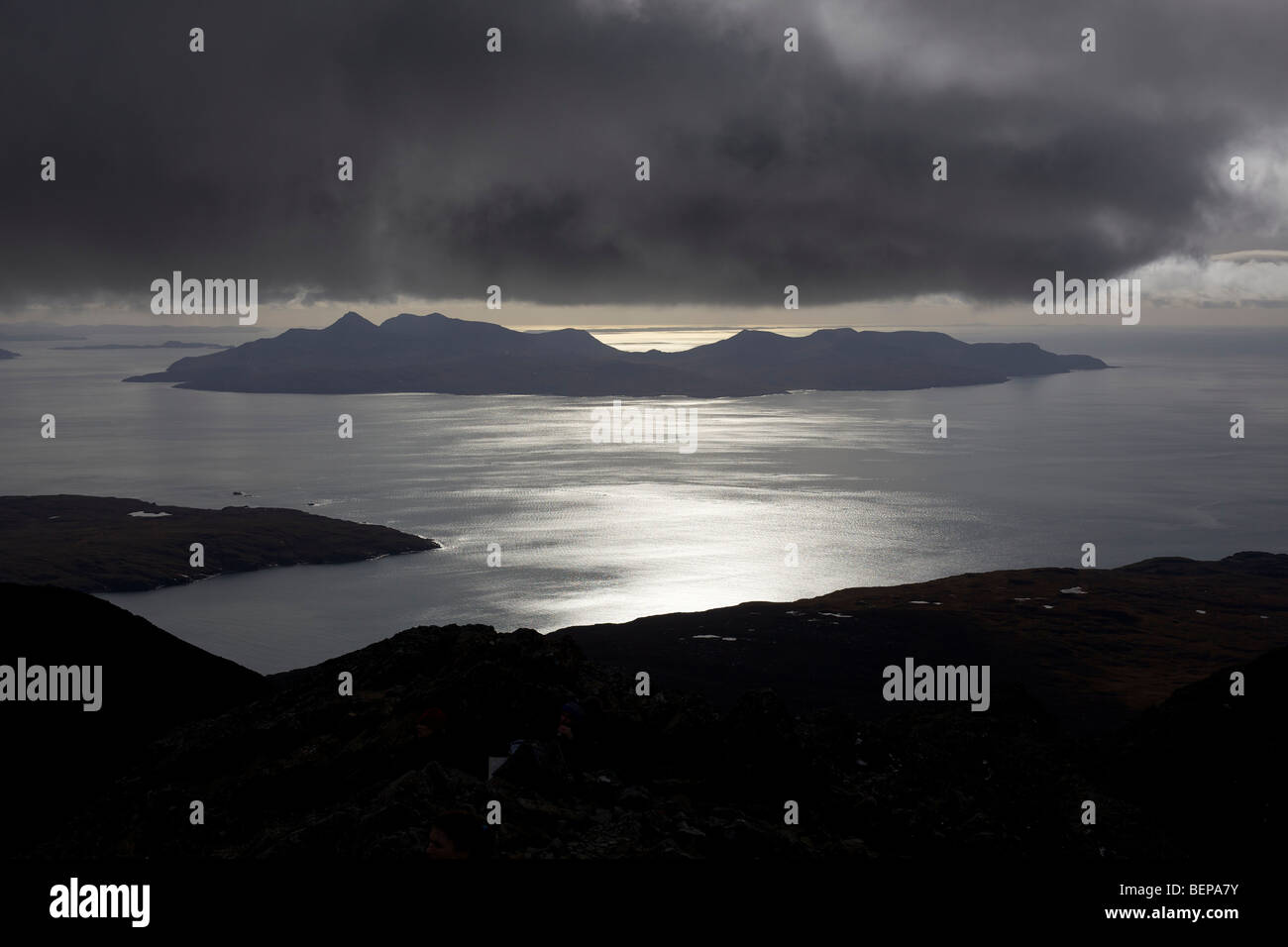 Isle of Rum as seen from the Inaccessible Pinnacle, Isle of Skye, Scotland Stock Photo