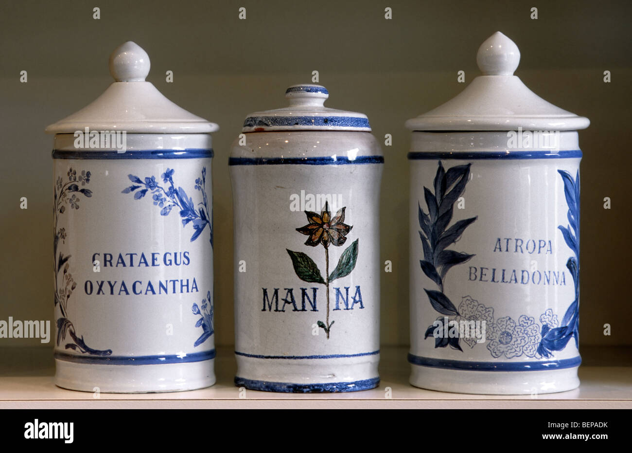 Old pharmacy Delftware pots with herbs as medicines in Latin on display Stock Photo