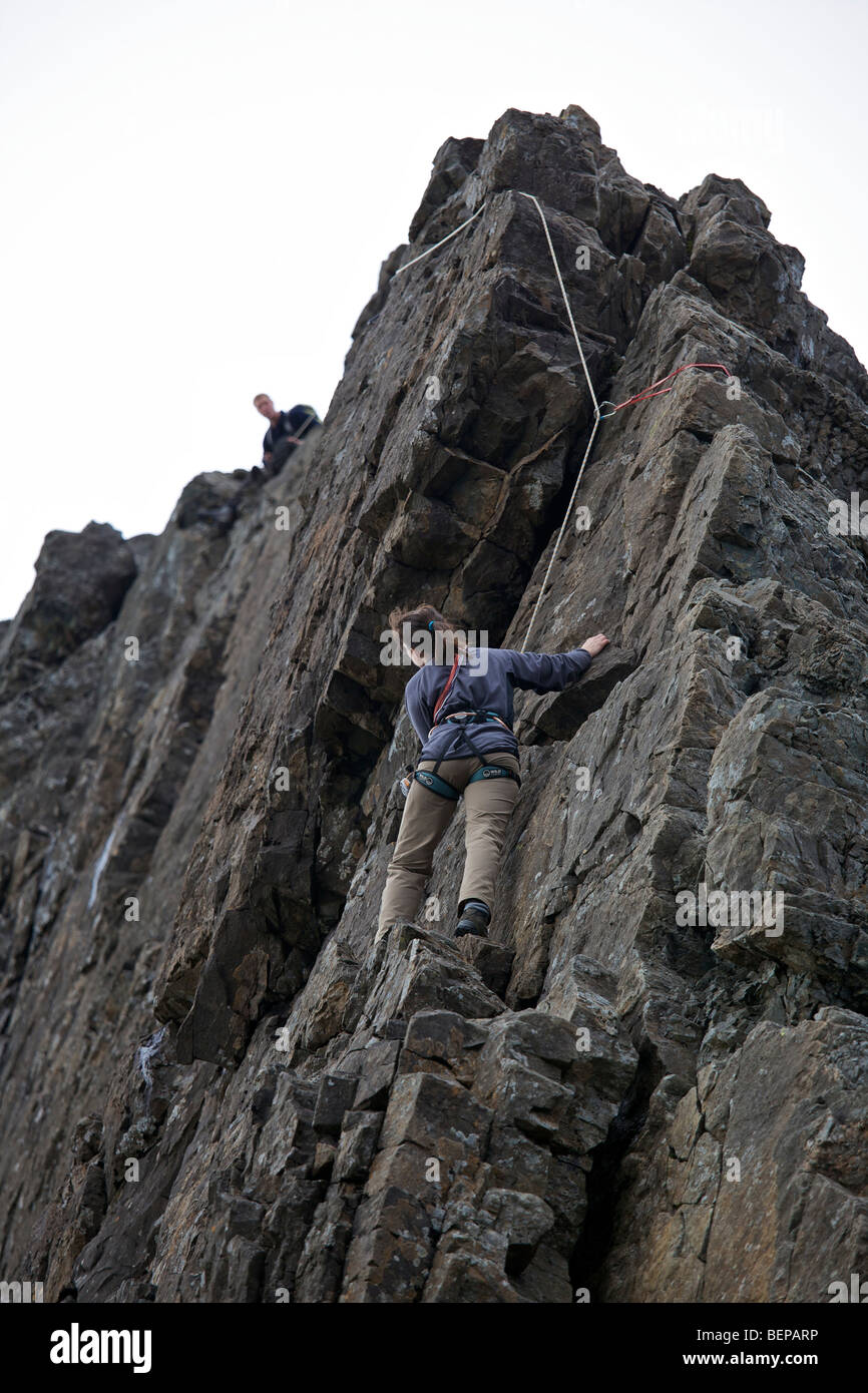 Climbers on the Inaccessible Pinnacle, Isle of Skye Stock Photo