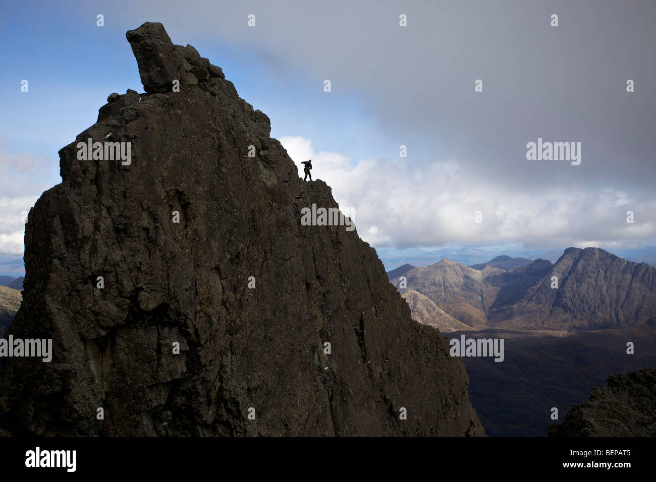 A climber on the Inaccessible Pinnacle, Isle of Skye, Scotland Stock Photo