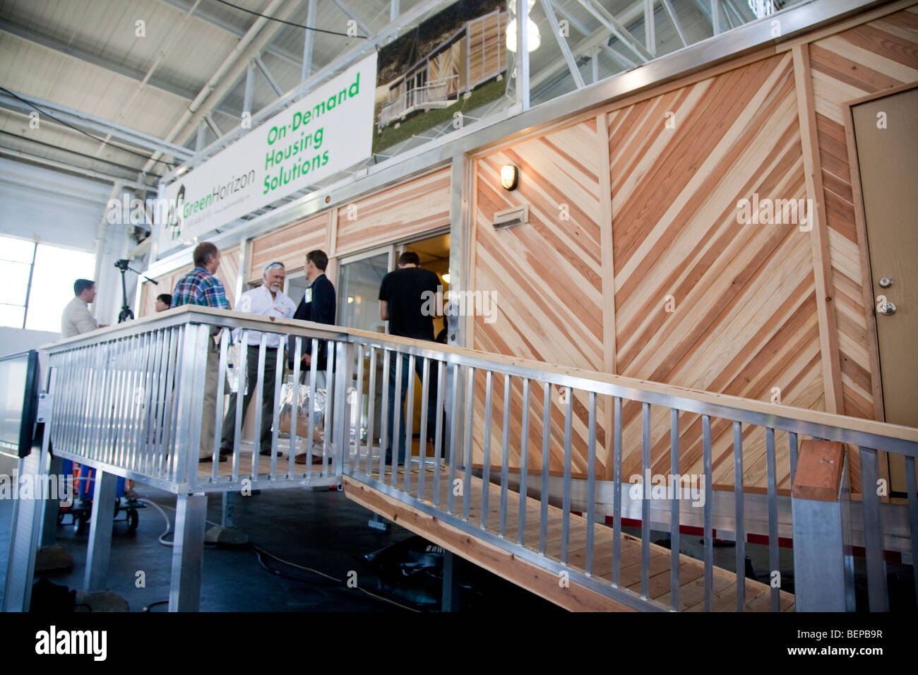 Green Horizon Manufacturing portable, on-demand emergency housing on display at exposition. United States Stock Photo