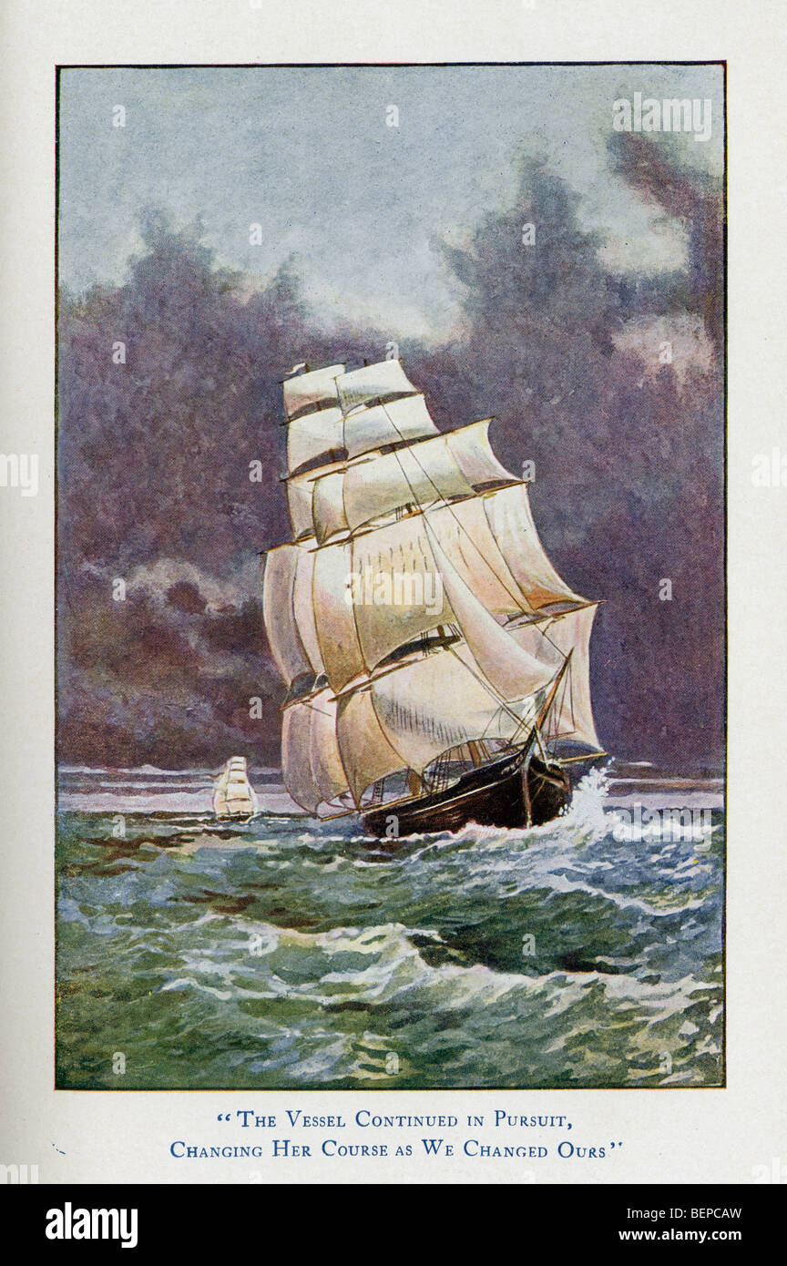 100 year old lithograph 'The vessel continued in pursuit' Stock Photo