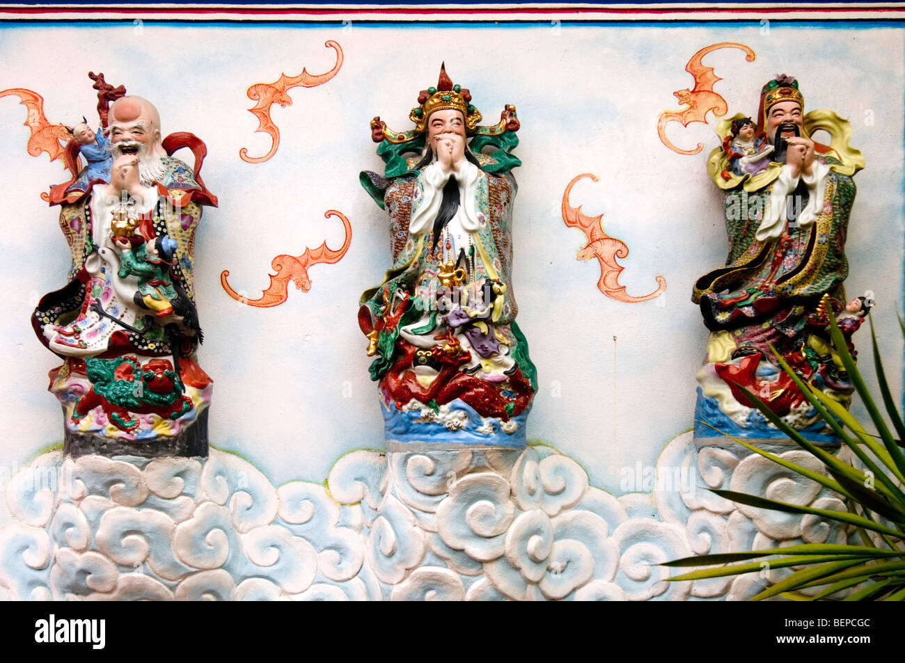 Three Immortals at a Chinese temple, Chiang Mai, Thailand Stock Photo