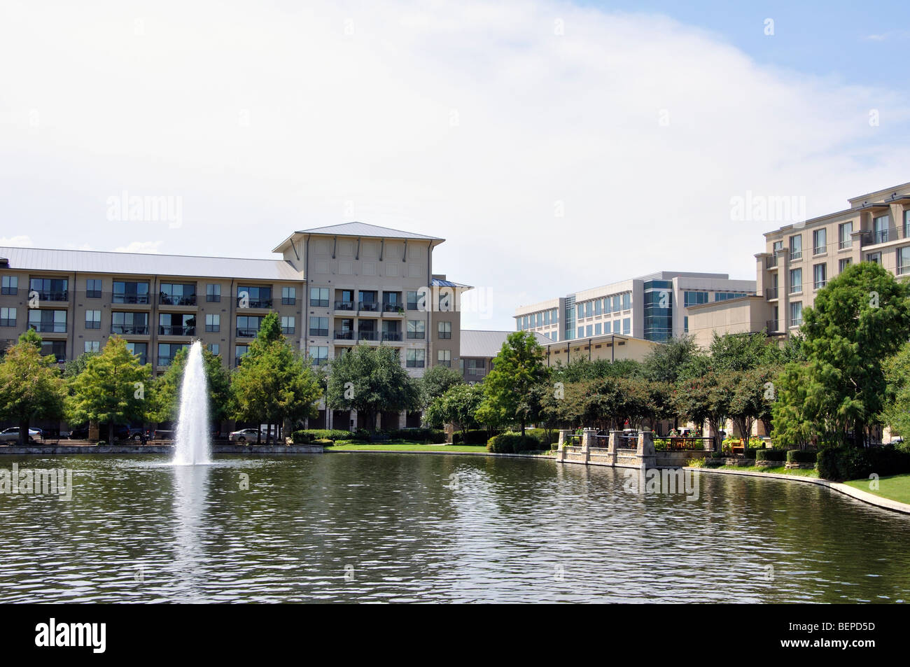 Modern apartment buildings in residential community at Legacy, Plano