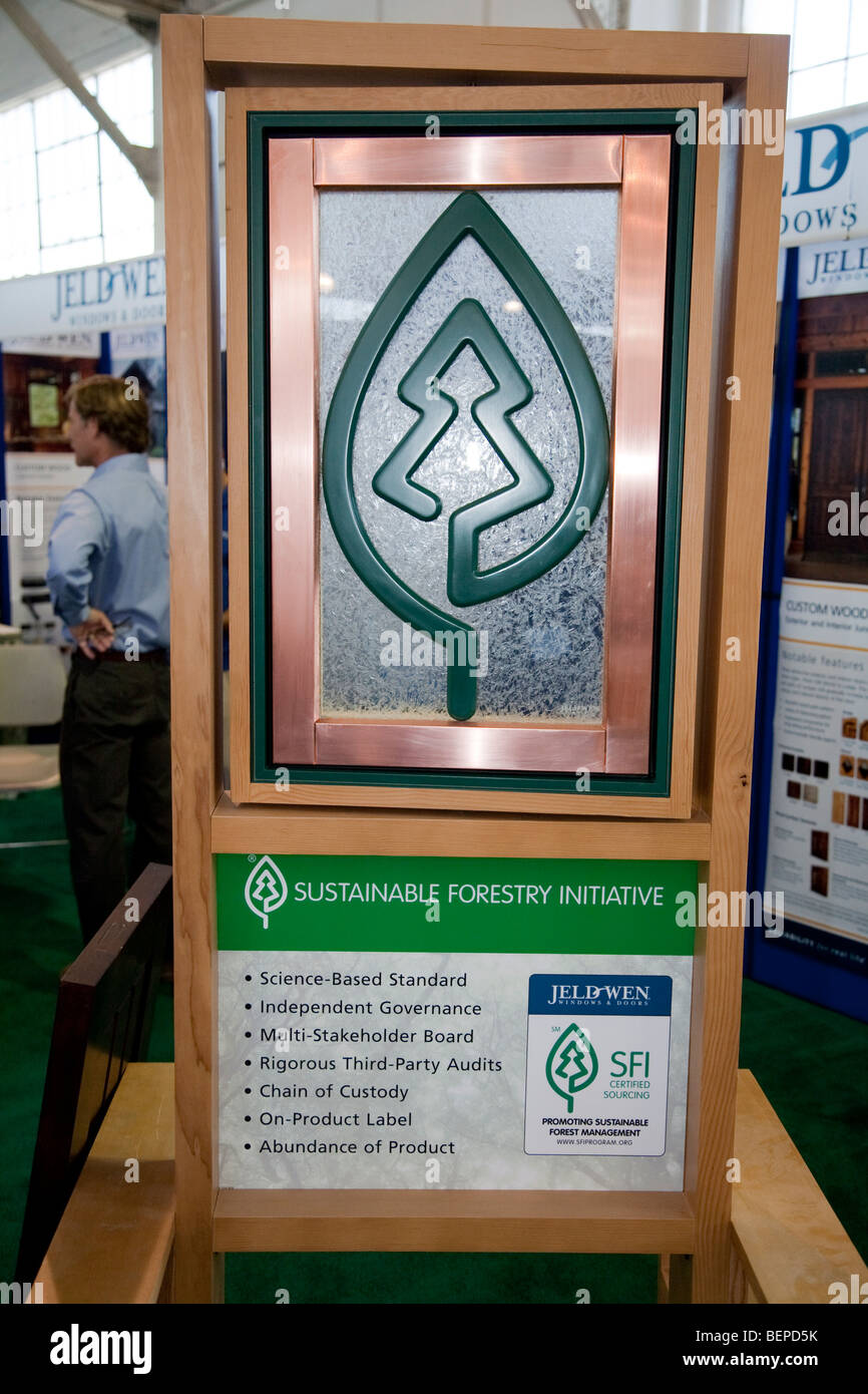 Sustainable Forestry Initiative (SFI) logo and sign promoting certified wood products. United States Stock Photo