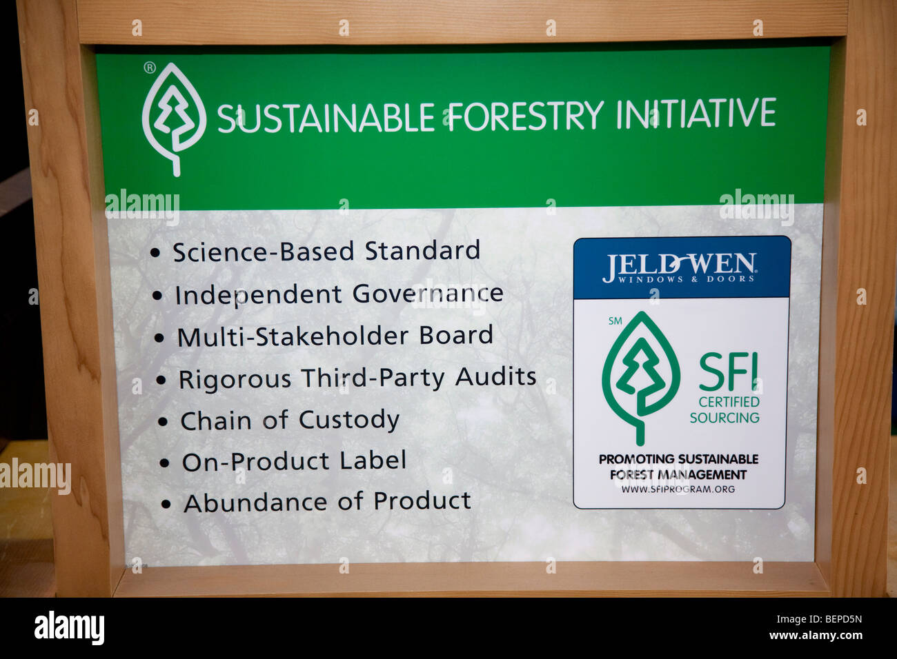 Sustainable Forestry Initiative (SFI) sign promoting certified wood products. United States Stock Photo