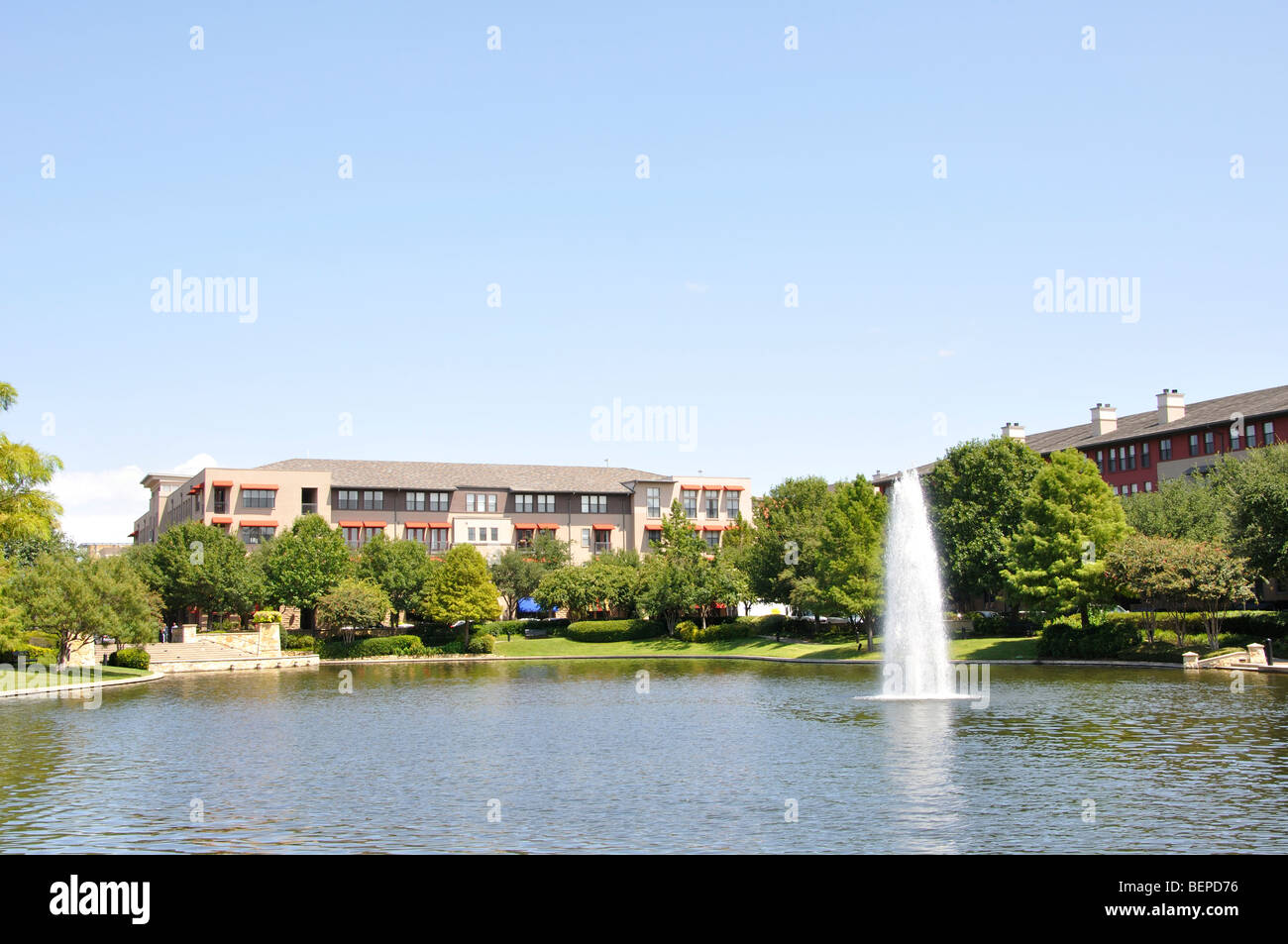 Modern apartment buildings in residential community at Legacy, Plano