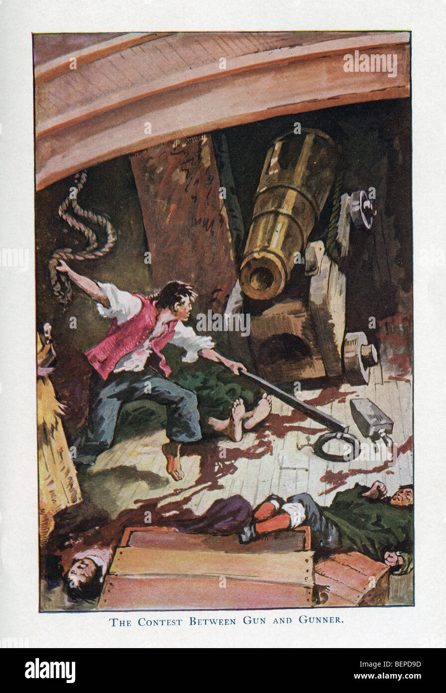 100 year old lithograph 'The contest between gun and gunner' Stock Photo