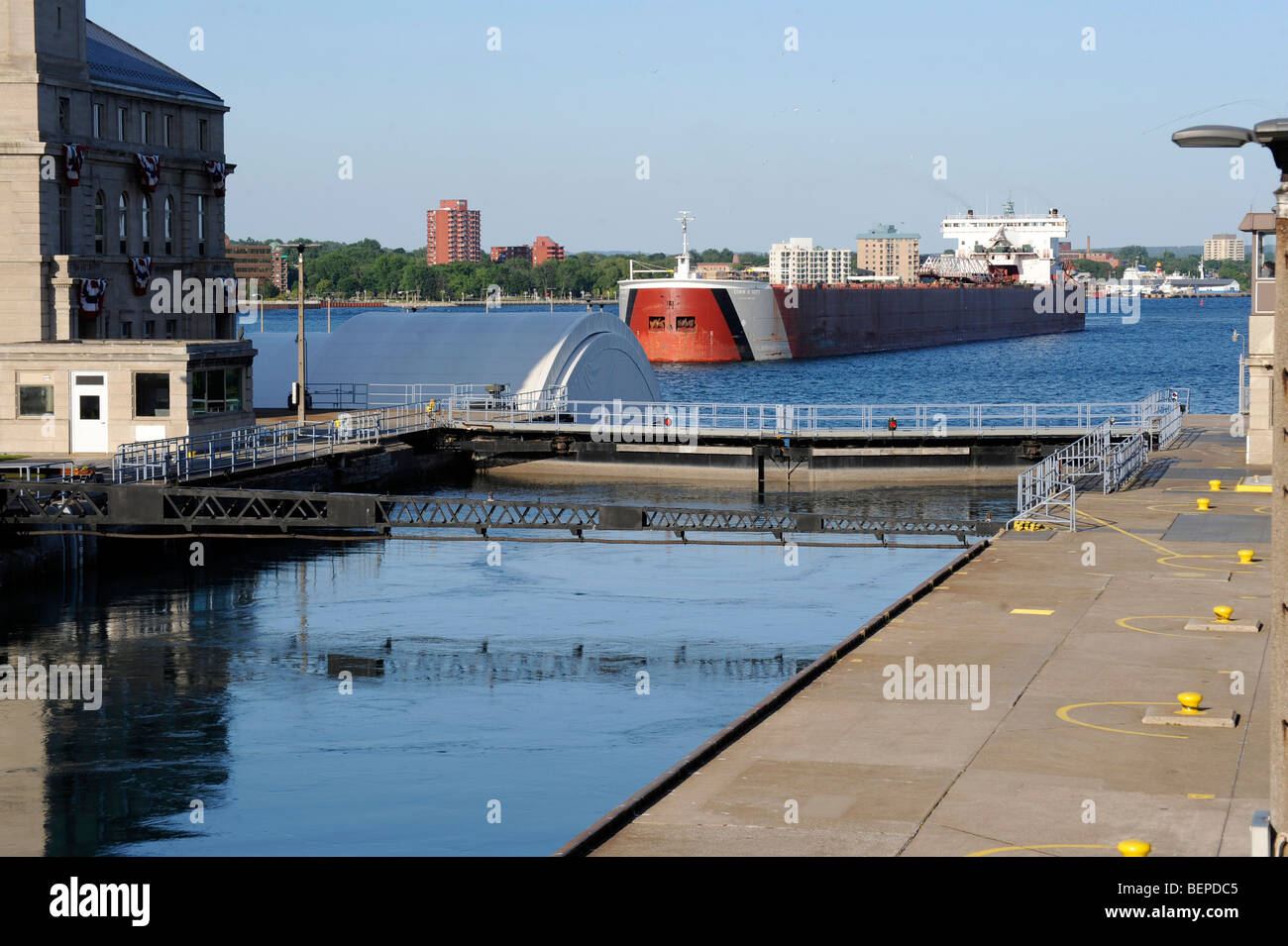 Great Lakes Freighter Edwin Gott enters Soo Locks Sault Ste. Marie Michigan Stock Photo