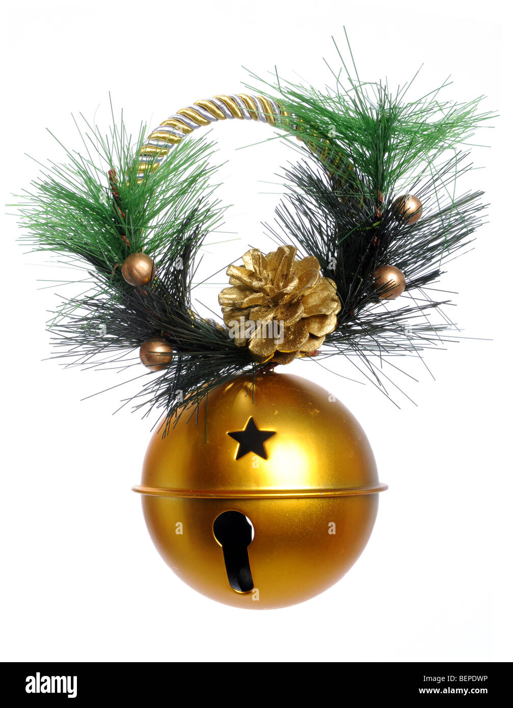 Cone pine, golden bells decorations, red and orange christmas tree ball on  white Stock Photo - Alamy