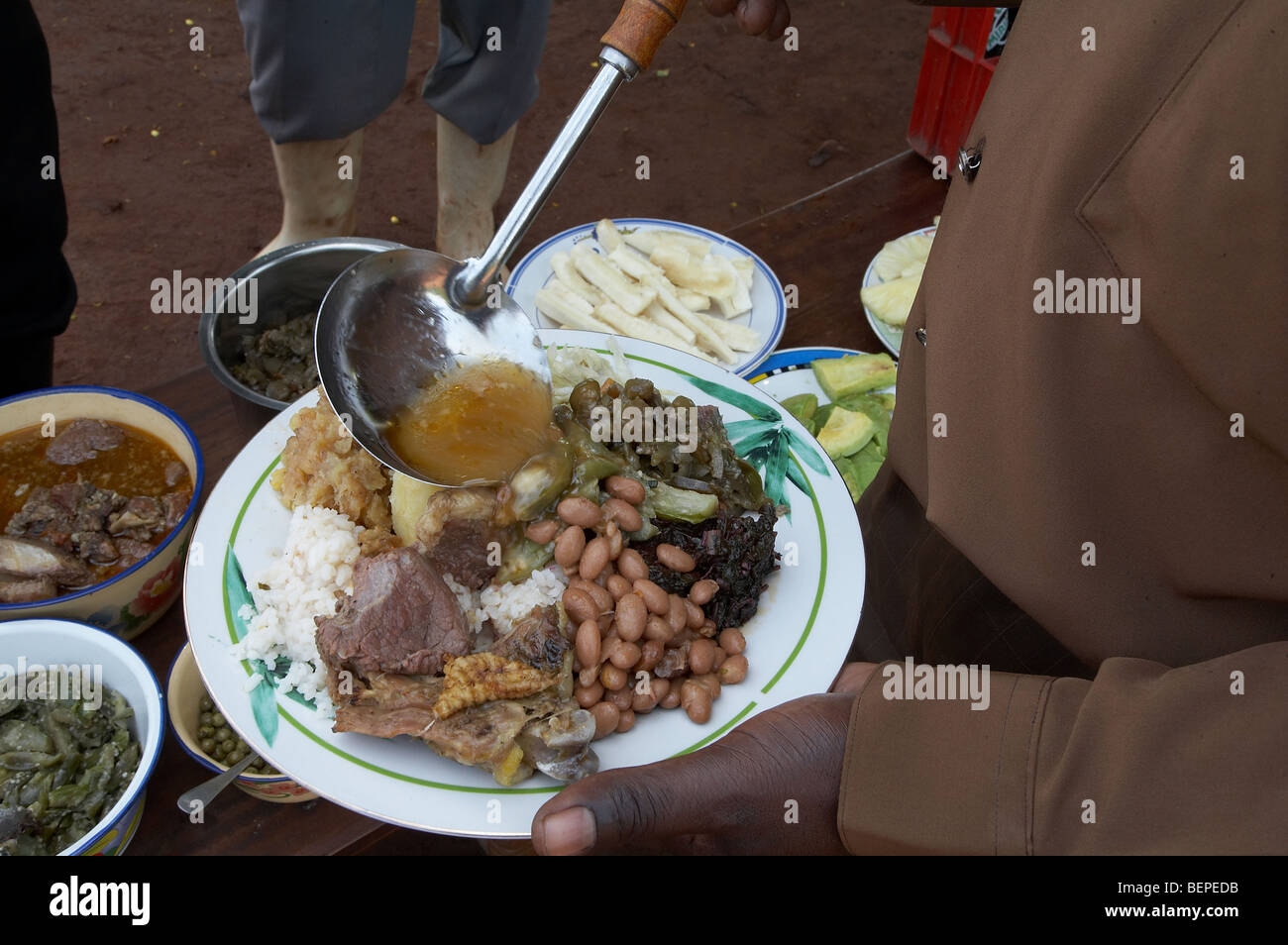 UGANDA Typical foods of the country. An array of dishes at a feast