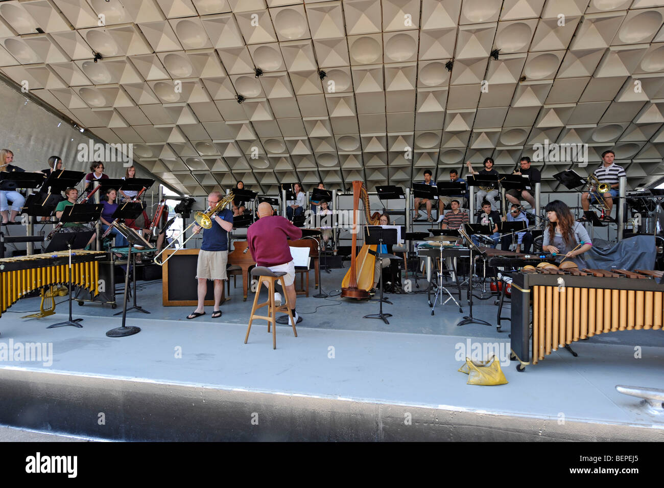 Floating bandshell at Roberta Bondar Park along St. Mary's River Sault ...
