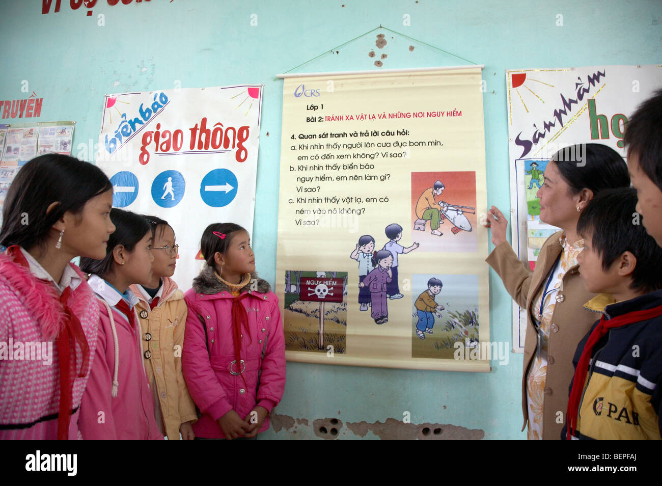 VVIETNAM Mine or unexploded bomb risk education program in Tan Hop primary school in Quang Tri Province. Stock Photo