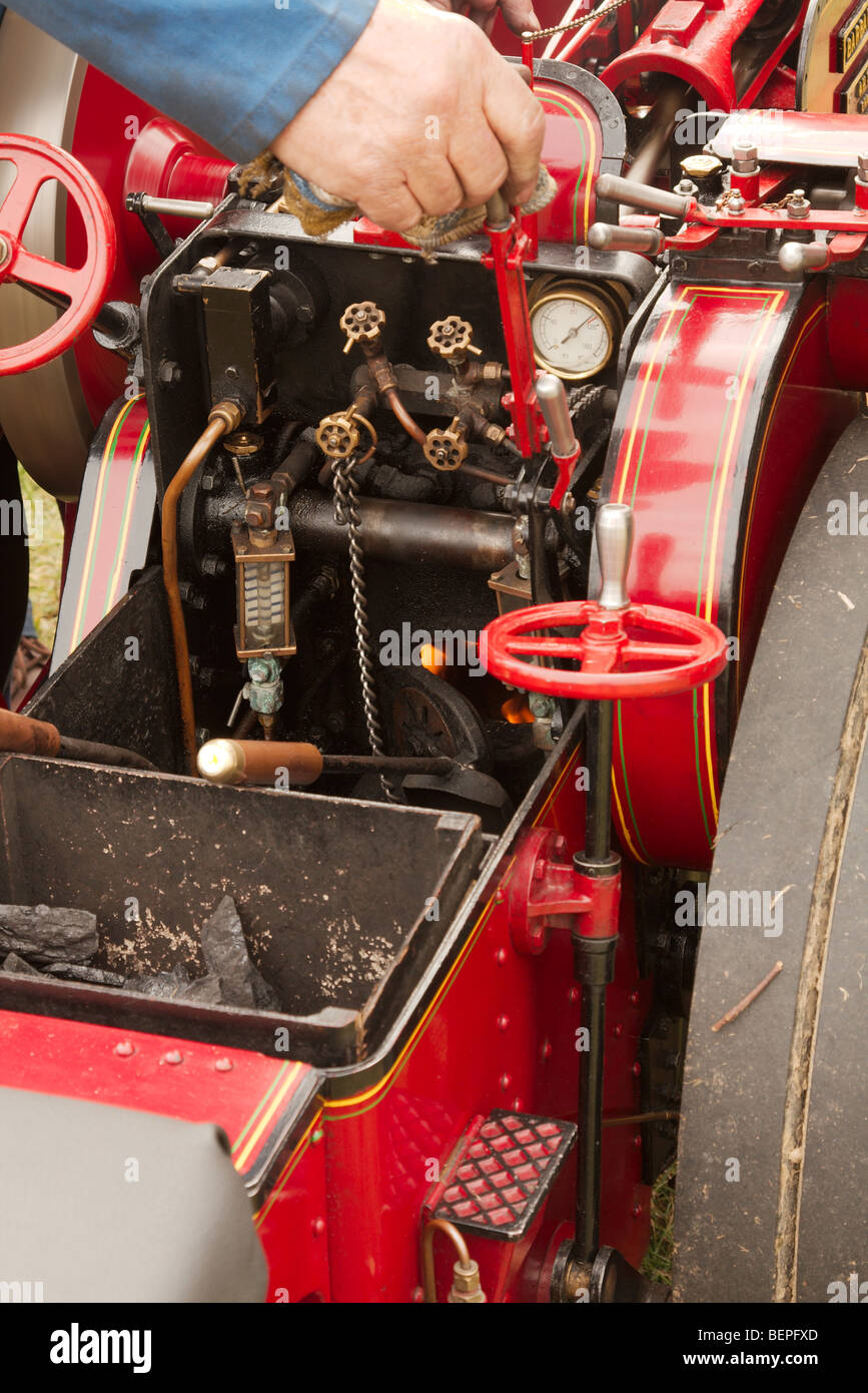 a close up image of the firebox and controls of a model traction engine Stock Photo