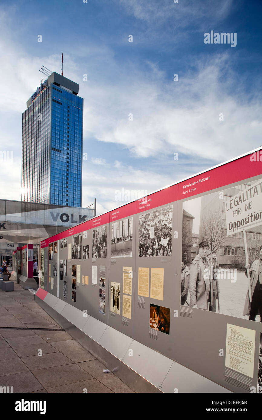 Stands of an exhibition about the Friedliche Revolution (1989), Alexanderplatz, Berlin, Germany Stock Photo