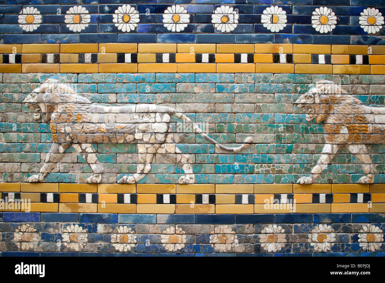 Lions in glazed ceramic from the processional way of Ishtar Gate (Babylon), Pergamon Museum, Berlin, Germany Stock Photo