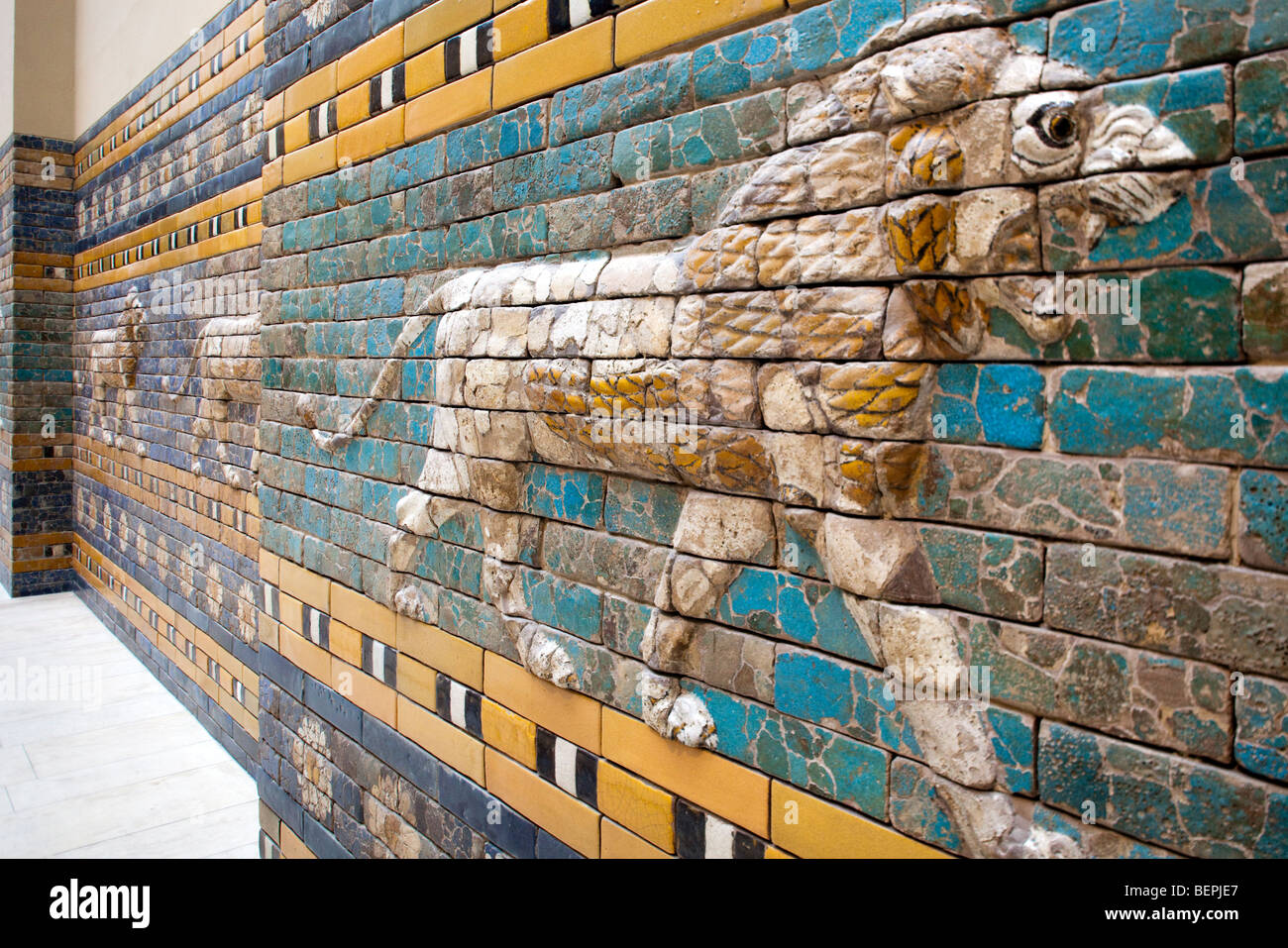 Lions in glazed ceramic from the processional way of Ishtar Gate (Babylon), Pergamon Museum, Berlin, Germany Stock Photo