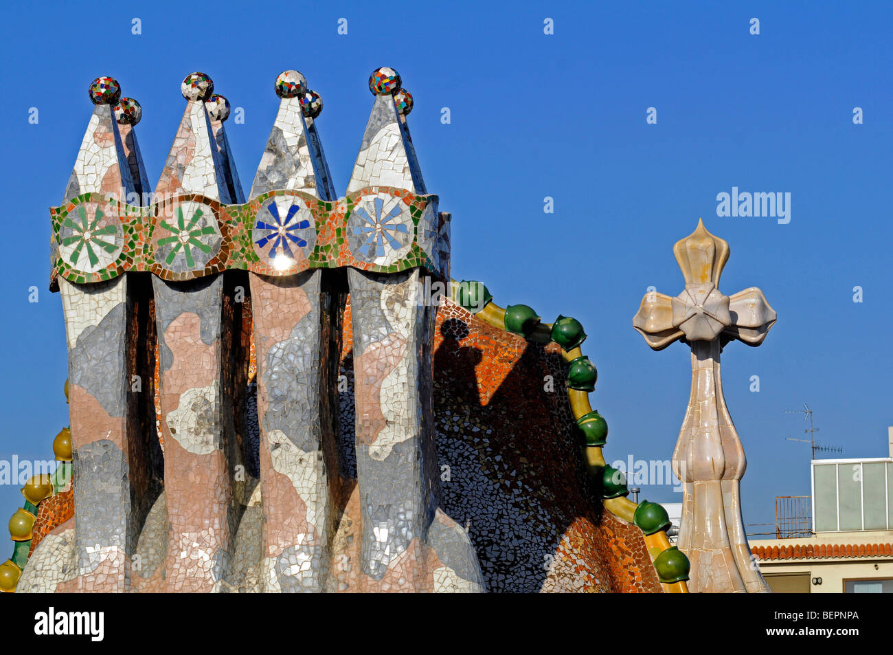 The colourful roof of the Casa Batllo,an architectural masterpiece from modernist creator  Antoni Gaudi in Barcelona, Spain. Stock Photo