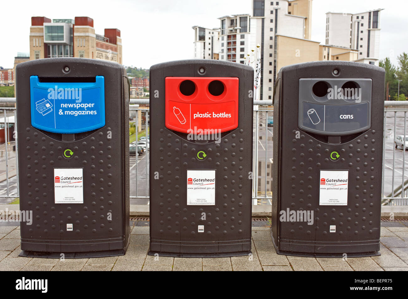 Recycling bins for newspapers, plastic bottles and cans, Gateshead