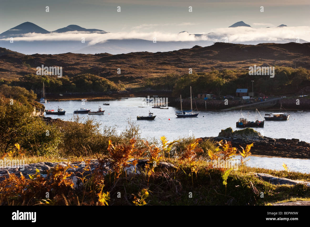 Fishing boats moored in Poll Creadha on the Applecross Peninsula Scotland Stock Photo