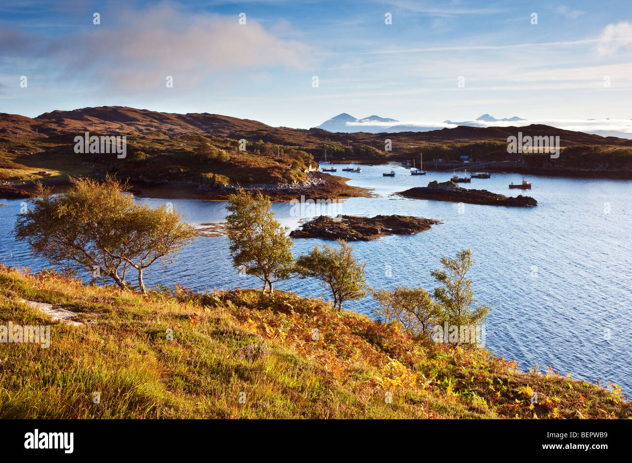 Fishing boats moored in Poll Creadha on the Applecross Peninsula Scotland Stock Photo