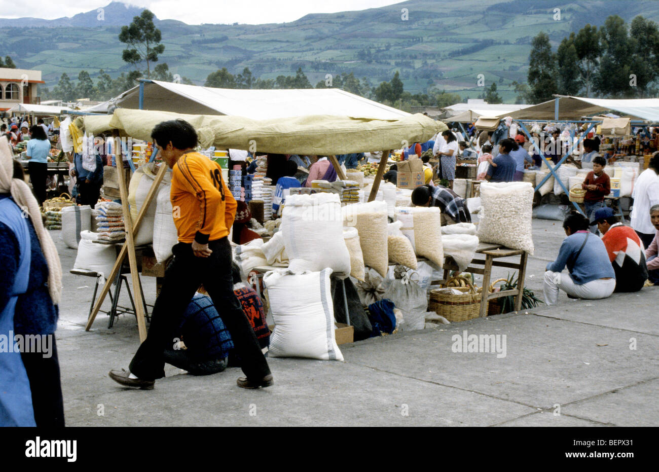 Rice and pasta stall, local upland Ecuador market. Stock Photo