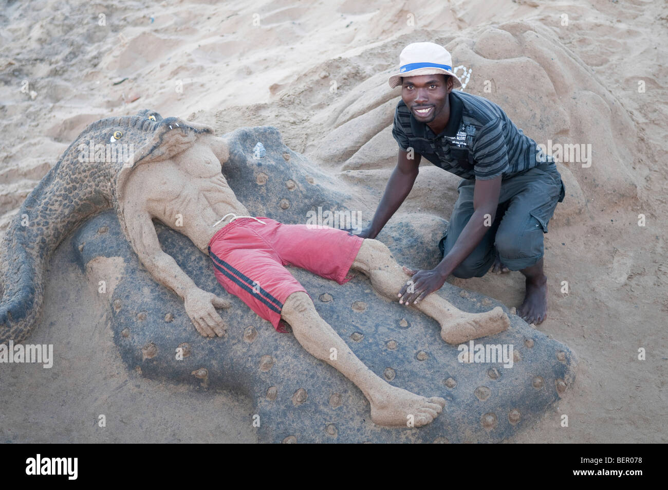 Sand sculpture created by Zimbabwean refugee on Durban beach South Africa Stock Photo