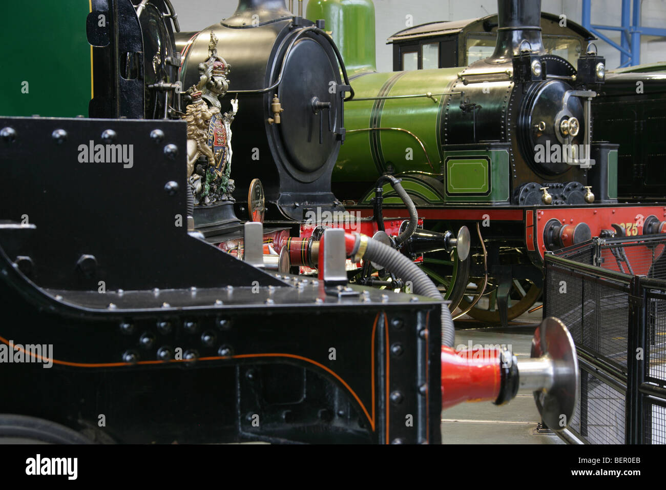 Steam locomotives on exhibit at the National Railway Museum’s Great Hall. Stock Photo