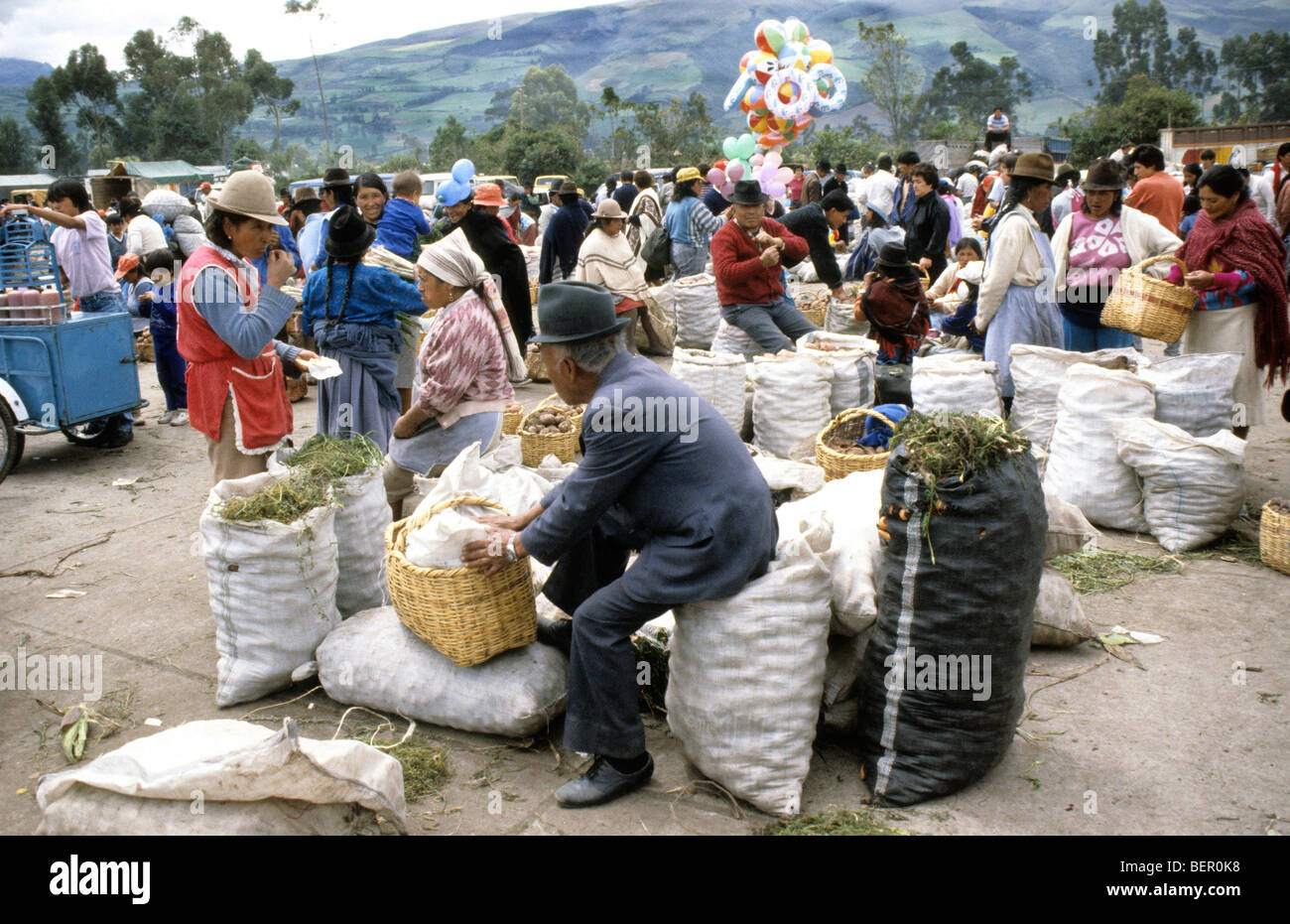 Man in suit and hat sitting on large sack of potatoes in local upland Ecuador market. Stock Photo
