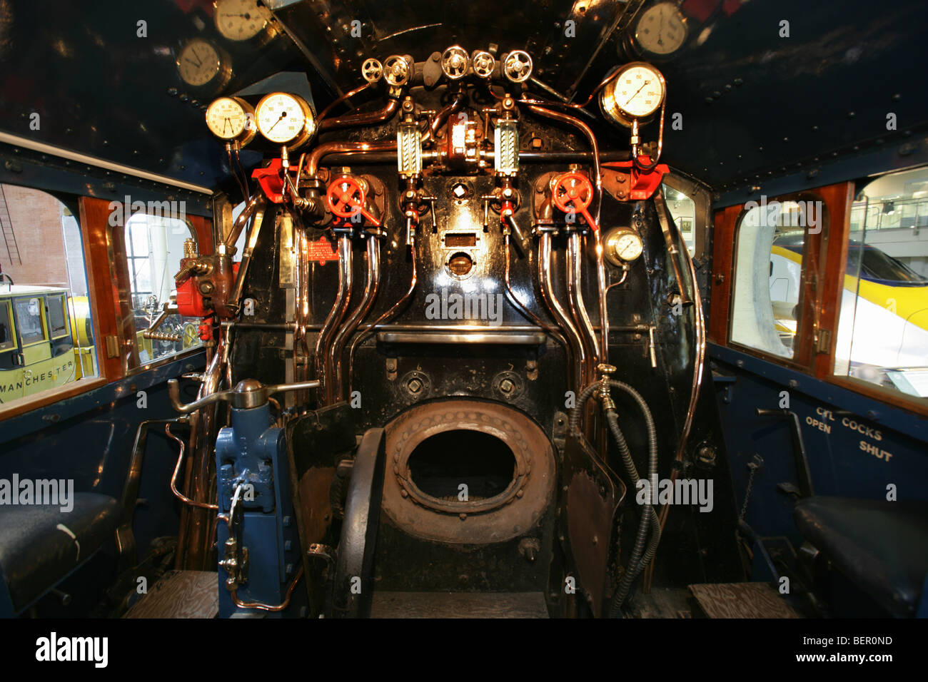 The Mallard locomotive engine footplate, firebox and controls at the National Railway Museum’s Great Hall. Stock Photo
