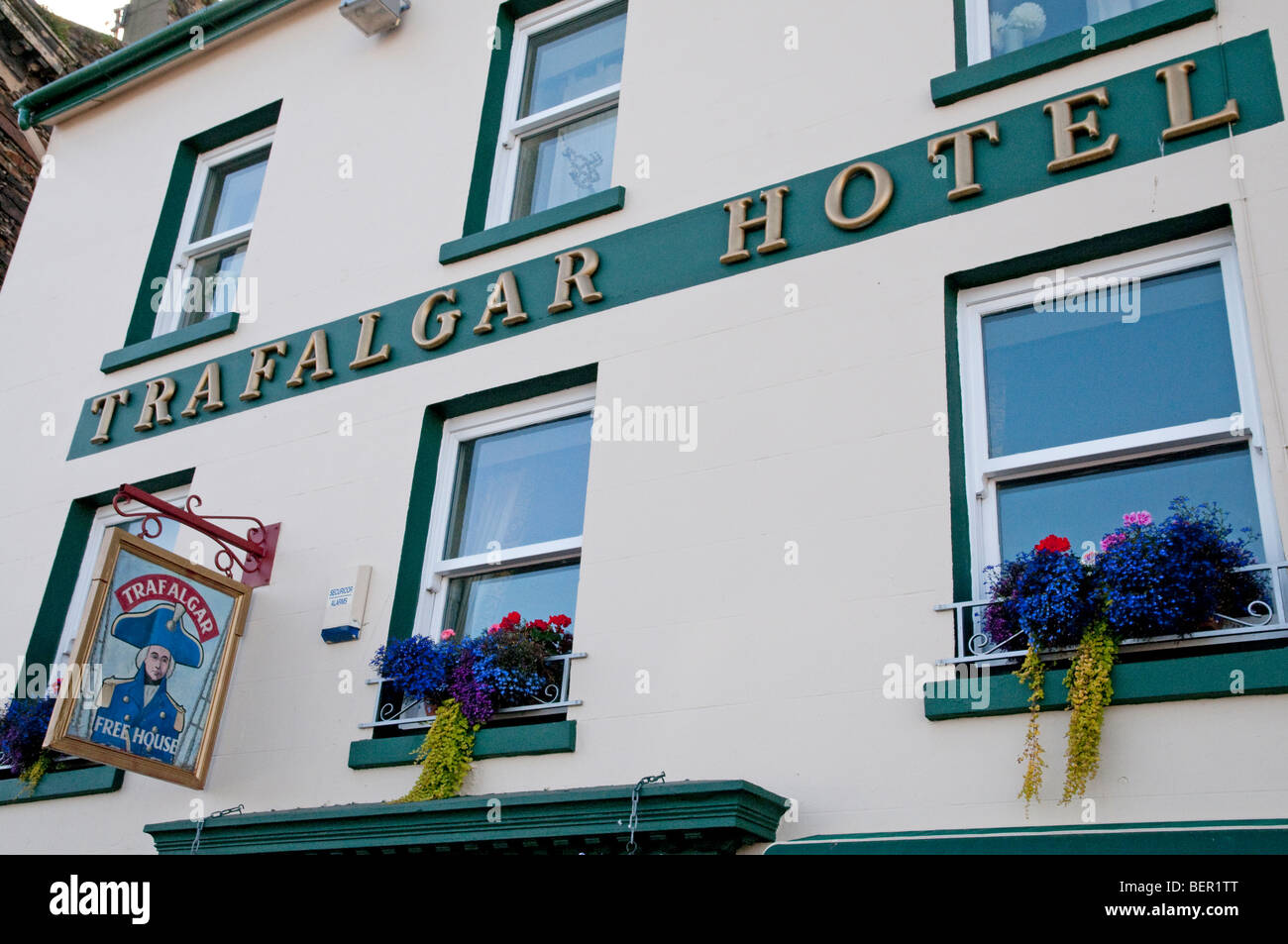 Close up of the Trafalgar Hotel public house, Ramsey, Isle of Man, showing the pub name on the